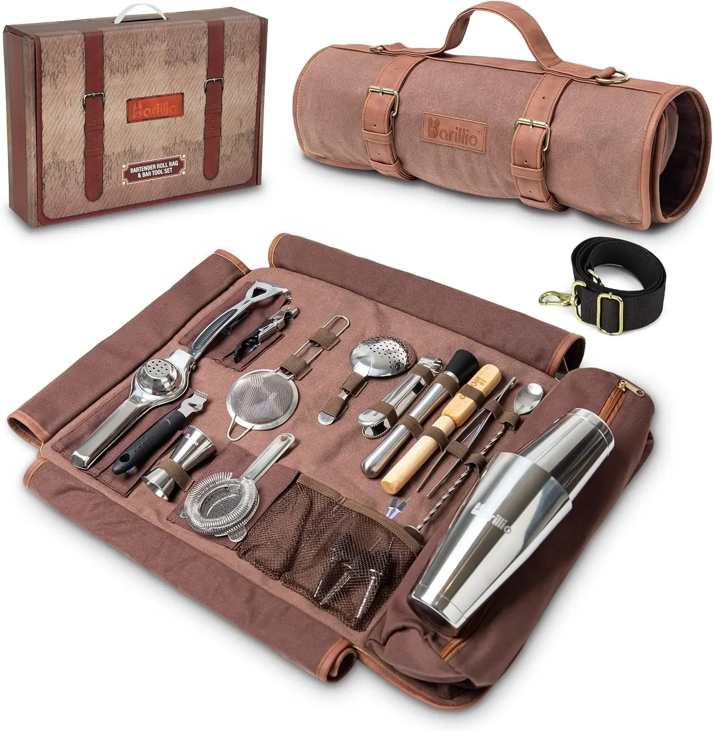 

Bartender Bag Travel Bartender Kit Bag with Bar Tools | Professional 17-Piece, with Portable Waxed Canvas Bag