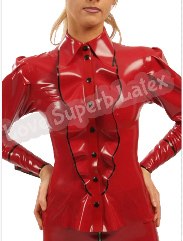 

Woman Long Sleeved Latex Shirt Latex Top Blouse latex mandarin for women rubber blouse in red and black trim
