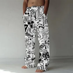 Men's casual pants handsome skull print comfortable bamboo hemp Hawaiian casual trousers large size loose fashion straight pants