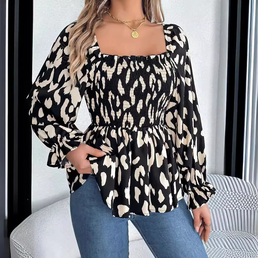 Spring And Autumn Women's Casual Mushroom Edge Square Neck Blouse Elegant Long Sleeved Wrinkled Fashionable Leopard Print Shirt 