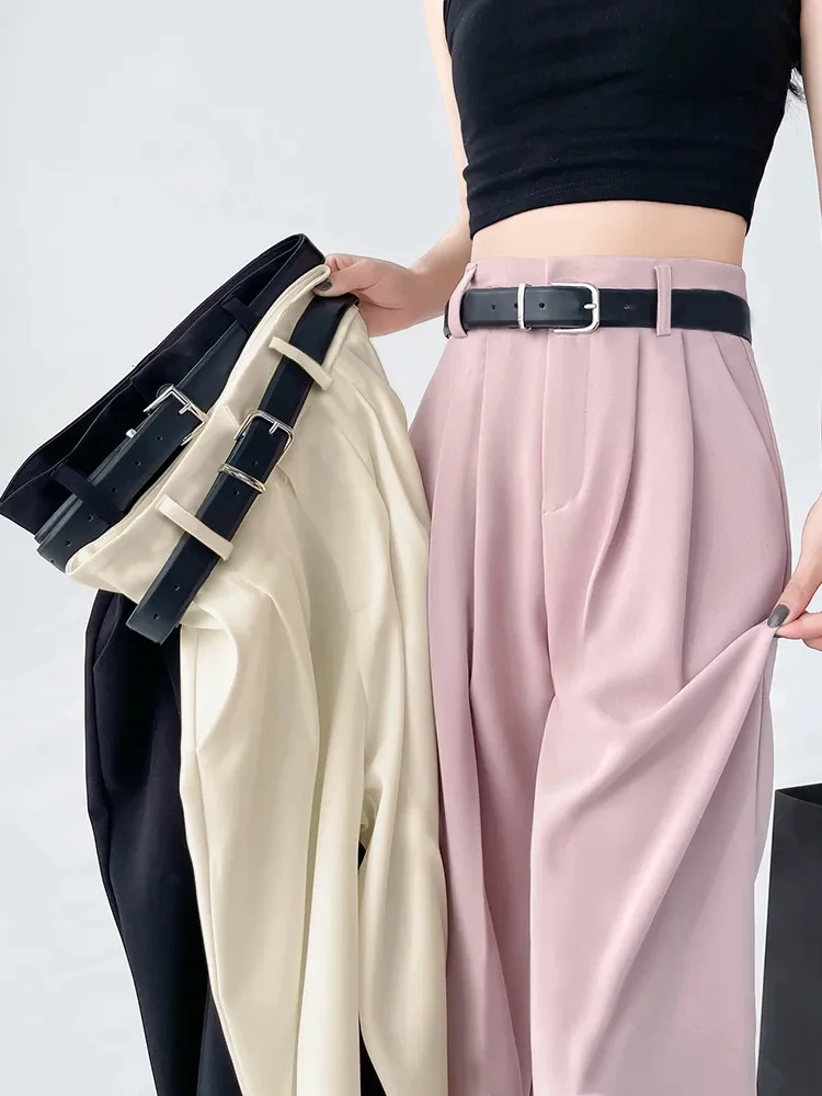

Zoki Chic Belt Suit Wide Leg Pant Women Loose Elegant High Waist Casual Trousers Fashion Pockets Korean Sweet Straight Pants New