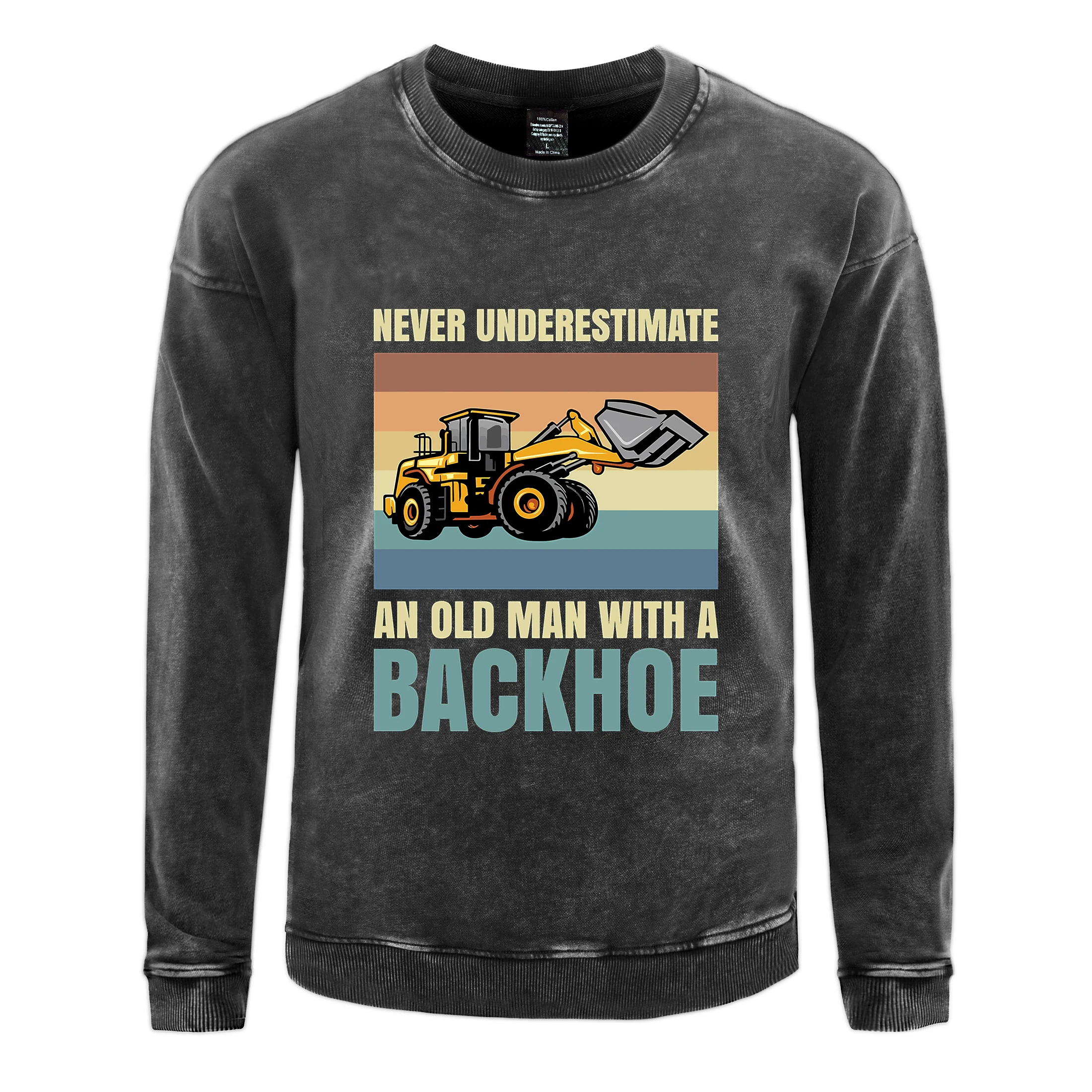 

Oversized Men's Washed Sweatshirt Funny Backhoe Caricature Printed Hoodies Autumn Cotton Warm Pullovers Couple Fashion Clothes