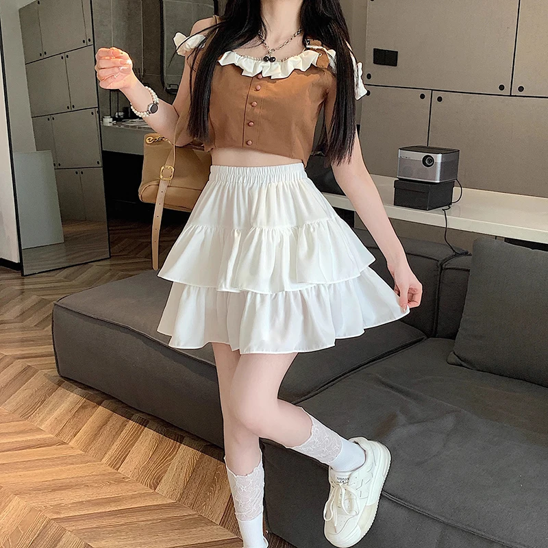 Pleated A-line Skirt White Women Ruffles Sweet Hottie Preppy Style Elastic Elastic Waist Slim Thin Simple Casual