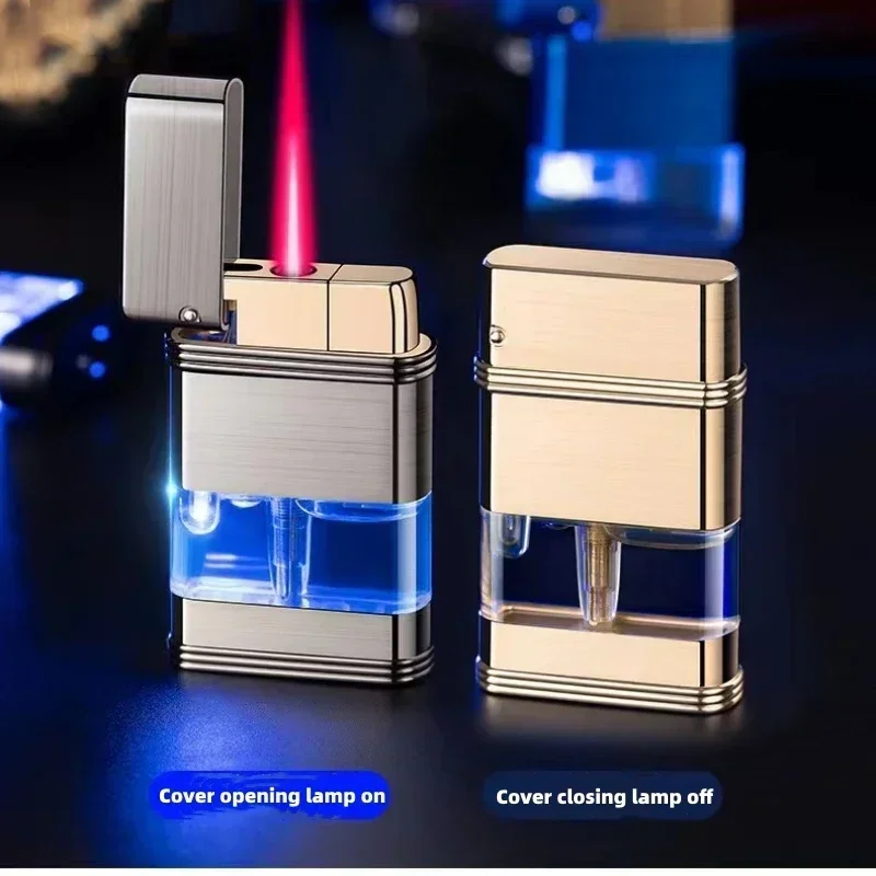 Accendino per finestra visibile in metallo con luce blu, antivento, fiamma rossa, gas butano, accendisigari portatile per uomo che fuma, piccolo strumento