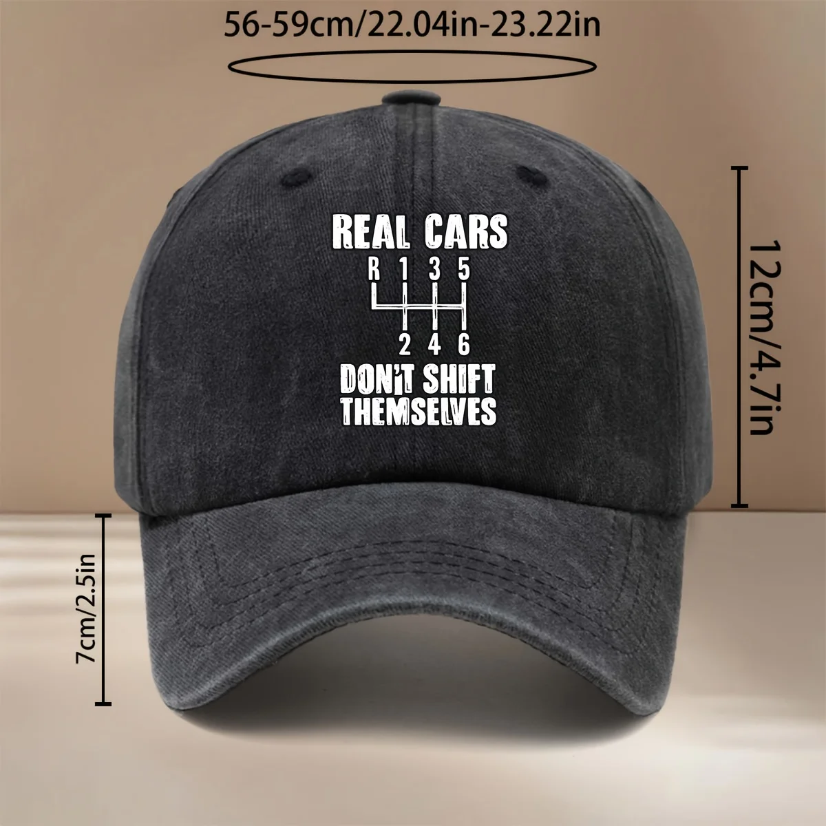 REAL CARS DON'T SHIFT THEMSELVES | Retro Workwear Style, Unisex, Six-Panel Baseball Cap, Adjustable Size, Lightweight Curved Bri