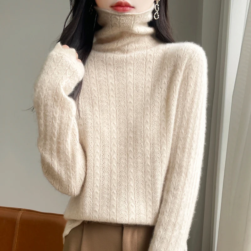 

100% Wool Women's Knitwear High Collar Seamless Sweater Base Layer Winter Thickened Solid Color Cashmere-like Soft Fabric