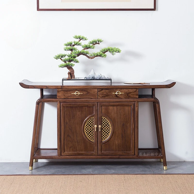 New Chinese-style entrance cabinet Solid wood entry entrance table Foyer cabinet Walnut strip table Zen decoration end view