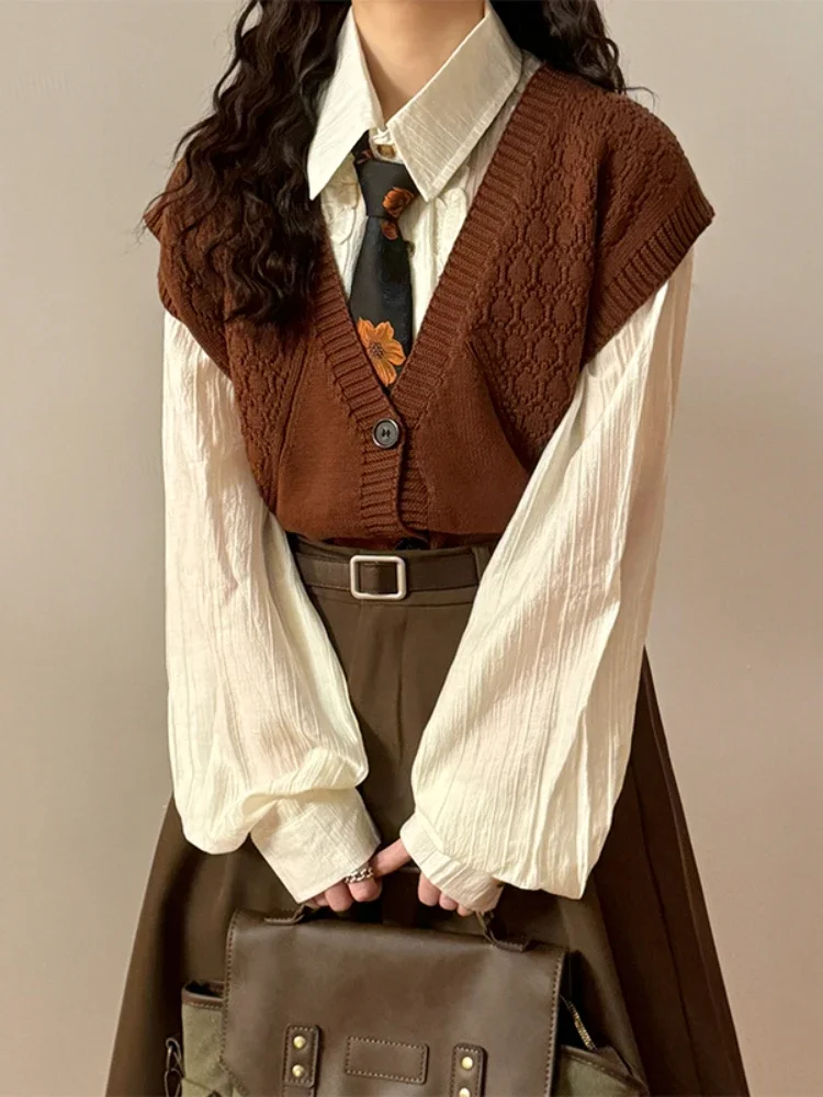 

Вязаные жилеты для женщин, осень-зима, винтажные мягкие теплые пальто без рукавов, нежные студенческие девушки, Ulzzang, модные, простые, элегантные, OL