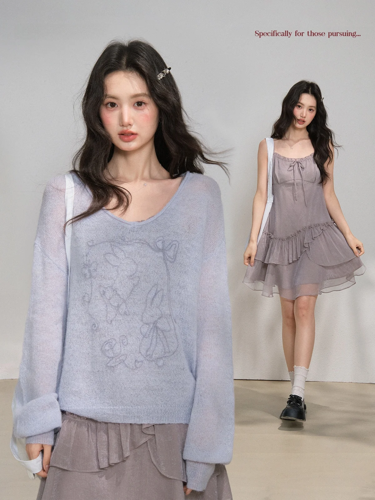 

Spring Soft Purple Rabbit Pattern Women's Thin Cardigan Belted A-Line Short Skirt Set Cute Style Long Sleeve round Neck Knitt...