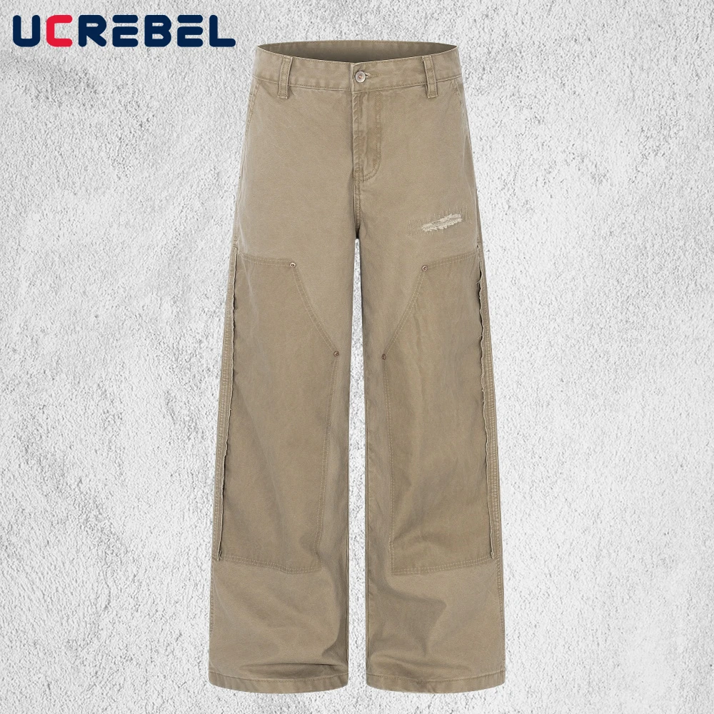 

Patchwork Logger Pants Mens Ripped Vintage Double-knee Loose Casual Straight-leg Cargo Trousers Man