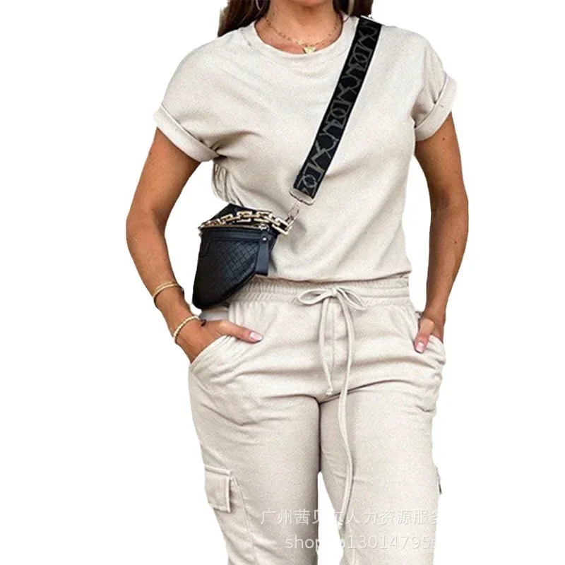 Women\'s Clothing Solid Color Round Neck Short Sleeve T Shirt Top Multi-Pocket Cargo Pants Clothes Set