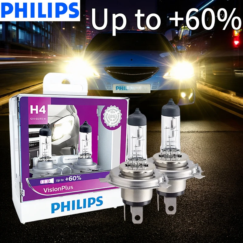 Philips H4 12V 60/55W P43t VisionPlus 3250K luz brillante hasta 60% faro halógeno Original brillante aumentado para coche 12342VPS2