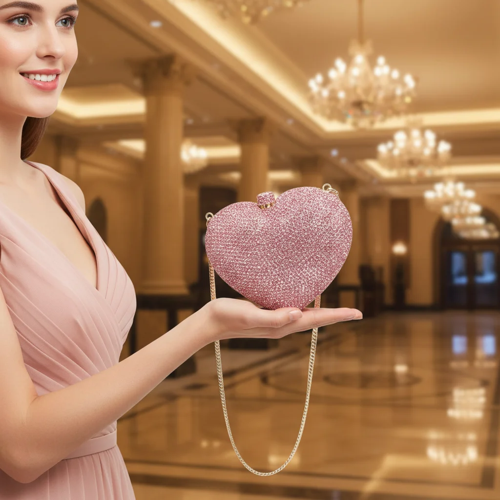 High Stand Crystal Bag Heart-shaped Diamond Evening Clutch Bag Women Luxurious Slow-diamond Banquet Dress Dinner Bag Alloy 14 cm