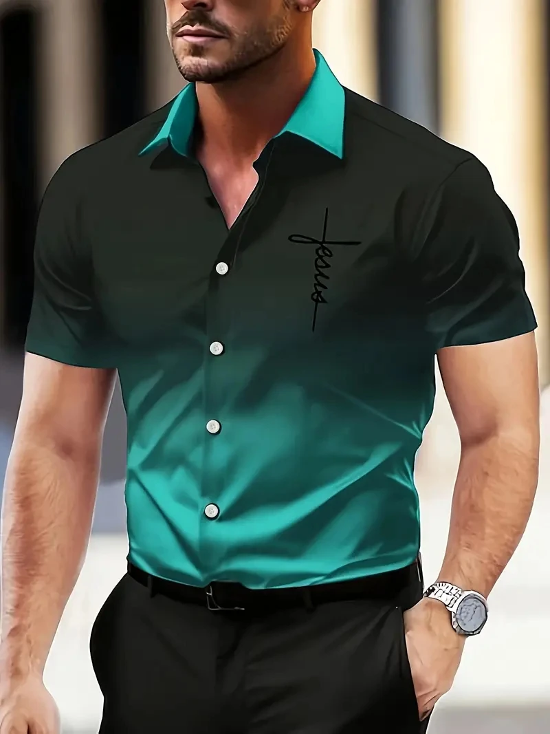

Повседневная деловая мужская рубашка, модная рубашка на пуговицах с градиентом цвета, рубашка на пуговицах с короткими рукавами и лацканами, рубашки на пуговицах для мужчин, летние