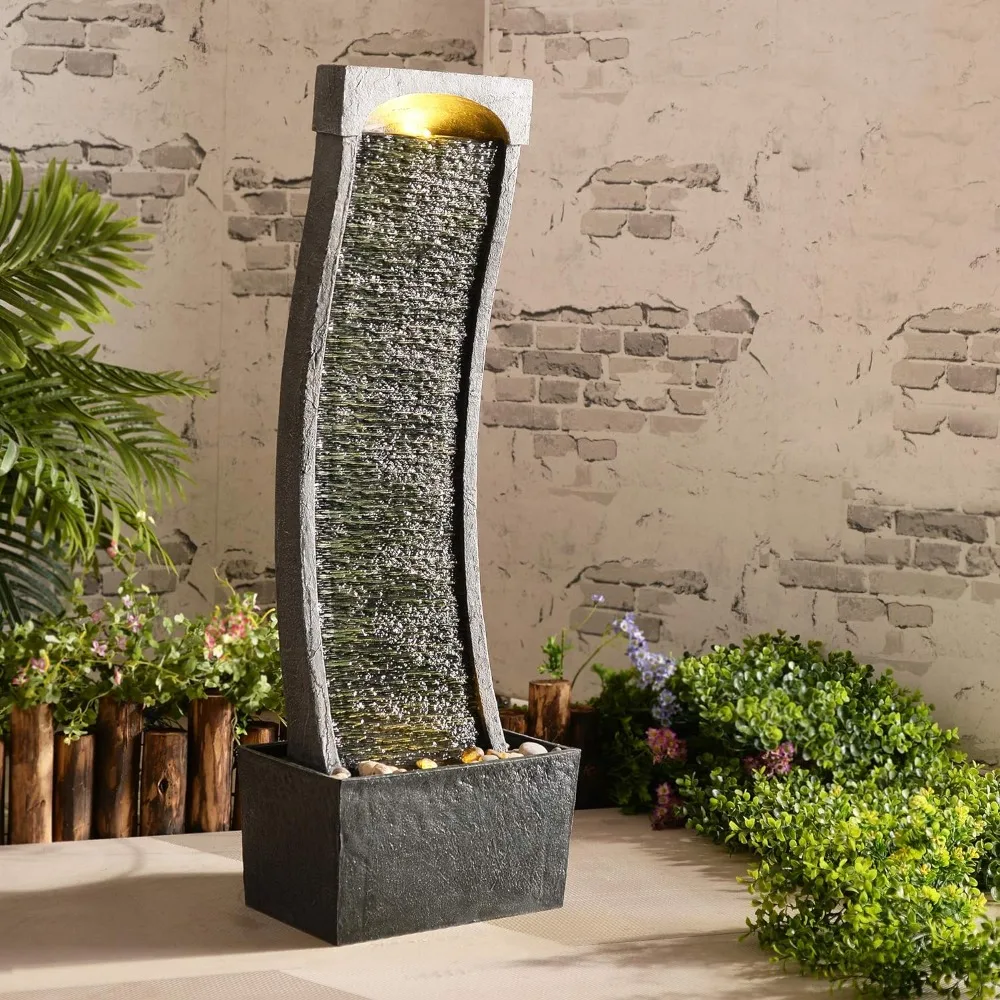 38.58 in. Modern Curved Faux Slate Waterfall Fountain for Indoors or Outdoors with LED Light Accents and 1.98-Gallon Pump