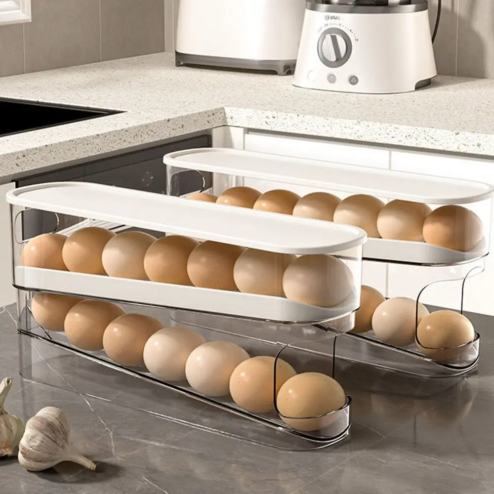 

Plastic Automatic Scrolling Egg Holder White Double-layer Roll Off Egg Storage Rack Slide-type Space-saving Egg Storage Holder