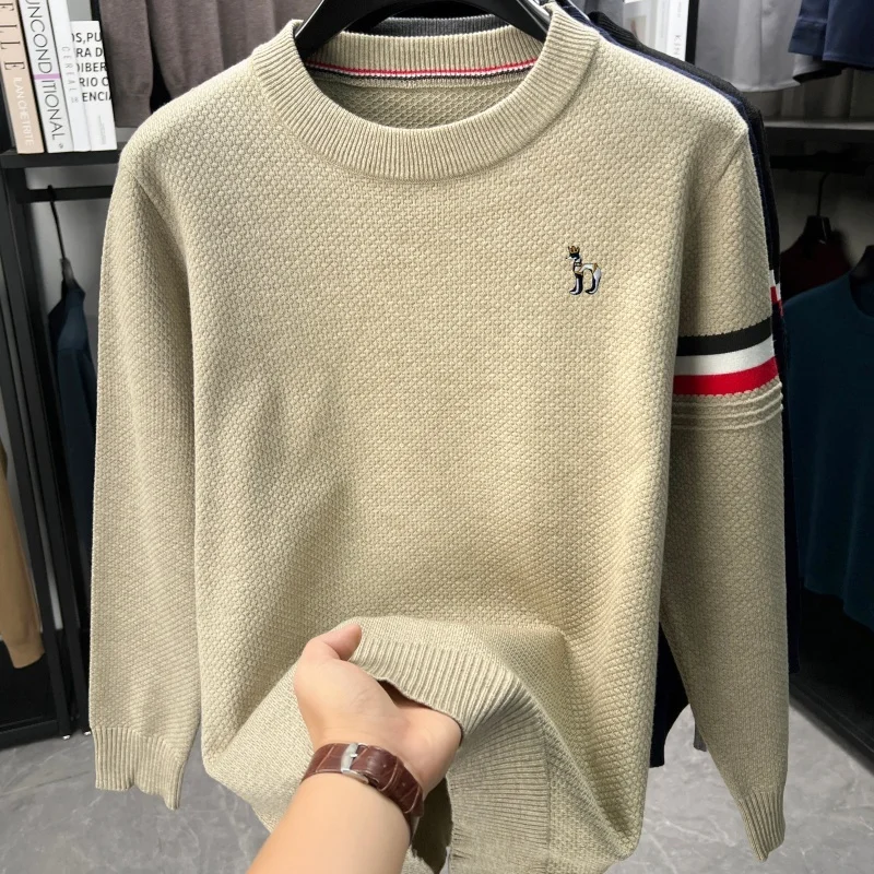 Designer Herbst-Winter O-Ausschnitt Stickerei Strickpullover Bequemer Einfarbiger Langarm-Pullover Warme Alltagskleidung für Männer – Detail 3
