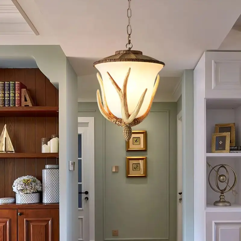 European Rural Style Deer Horn Ceramic Marble Chain Droplight LED Pendant Lamp for Restaurant Coffee Shop Bar Decorative Lightin