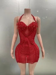 Sparkly Rhinestones Red Sexy Mesh See Through Short Dress for Women Prom Party Evening Celebrate Birthday Outfit Stage Show Wear