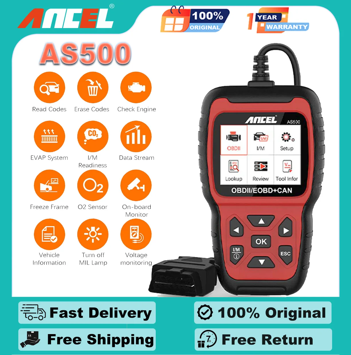 ANCEL AS500 OBD2 Car Scanner Diagnostics Tool Engine Code Reader Auto Diagnose OBDII Automotive Analyzer Lifetime Free Update