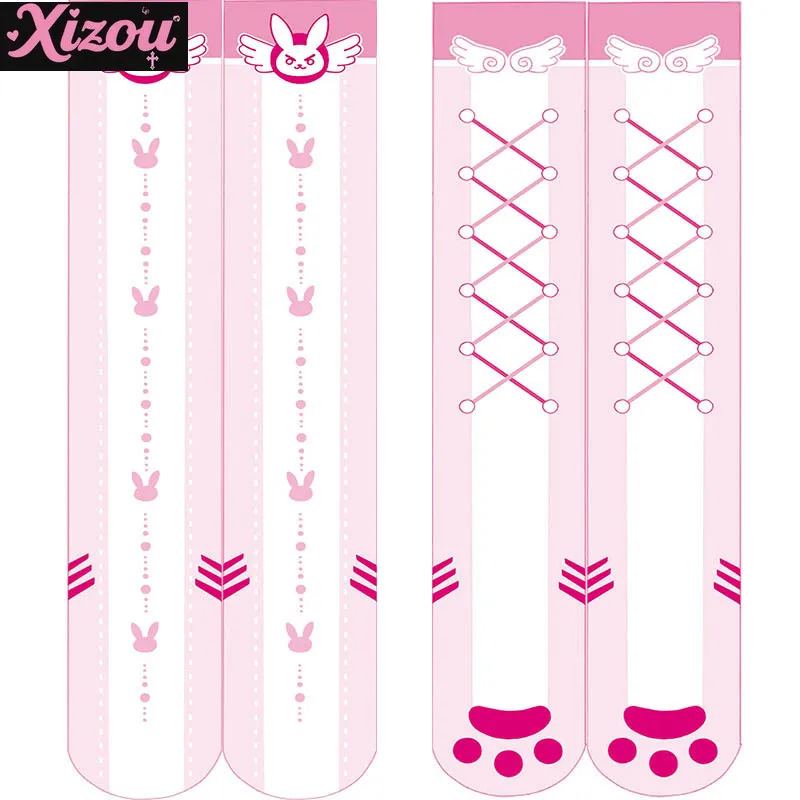 Soft cute girl kawaii print stockings thin female spring and autumn Japanese Lolita cute anime knee long tube white velvet sock