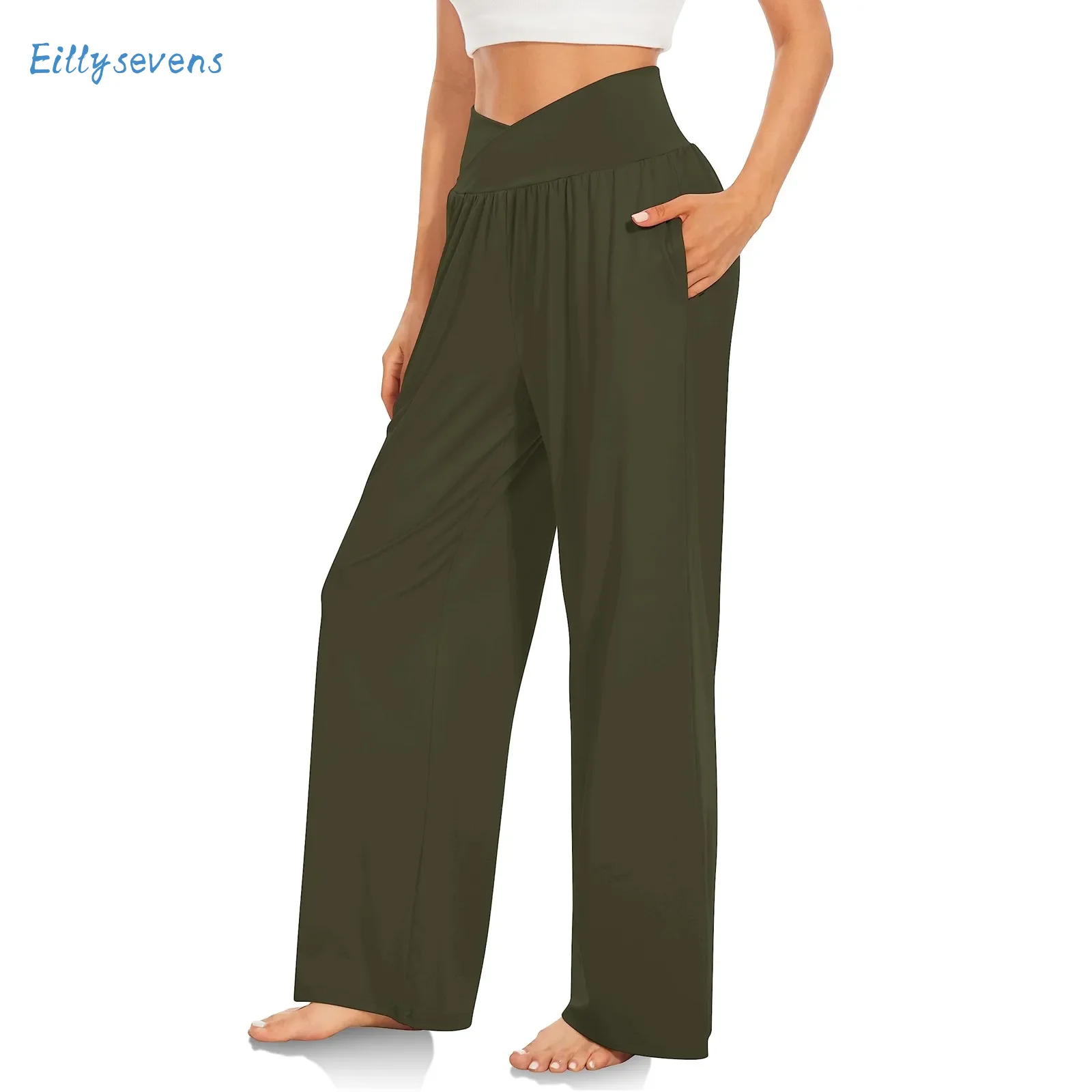 

Women'S High Waist Pants Casual Simple Solid Loose Wide Leg Sports Trousers With Pockets Cross Waist Comfy Cool Dance Pants