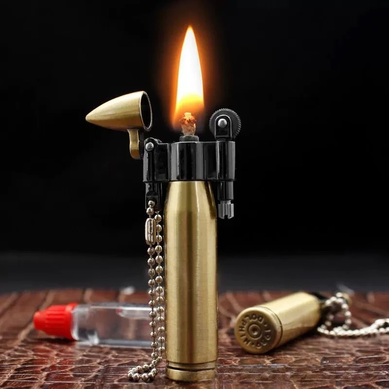 Retro Bullet Flint Wheel Coal oil Lighters Metal Keychain Fuel Igniter, Unique Men Gift Vintage Smoking Tool Cigarette Accessory