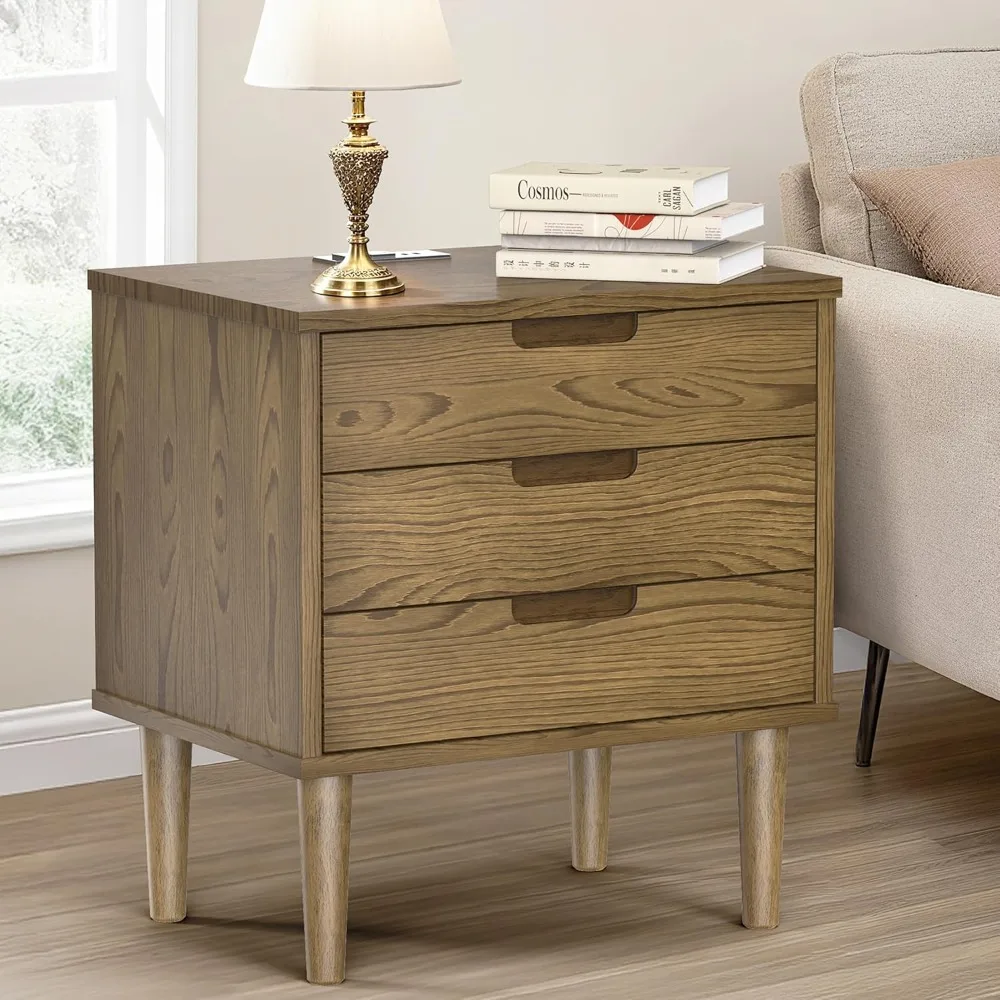 

Nightstand Bedside Table, Solid Wood Night Stand with Type-C Charging Station, 3 Drawers Side Table with Storage, Farmhouse Nigh