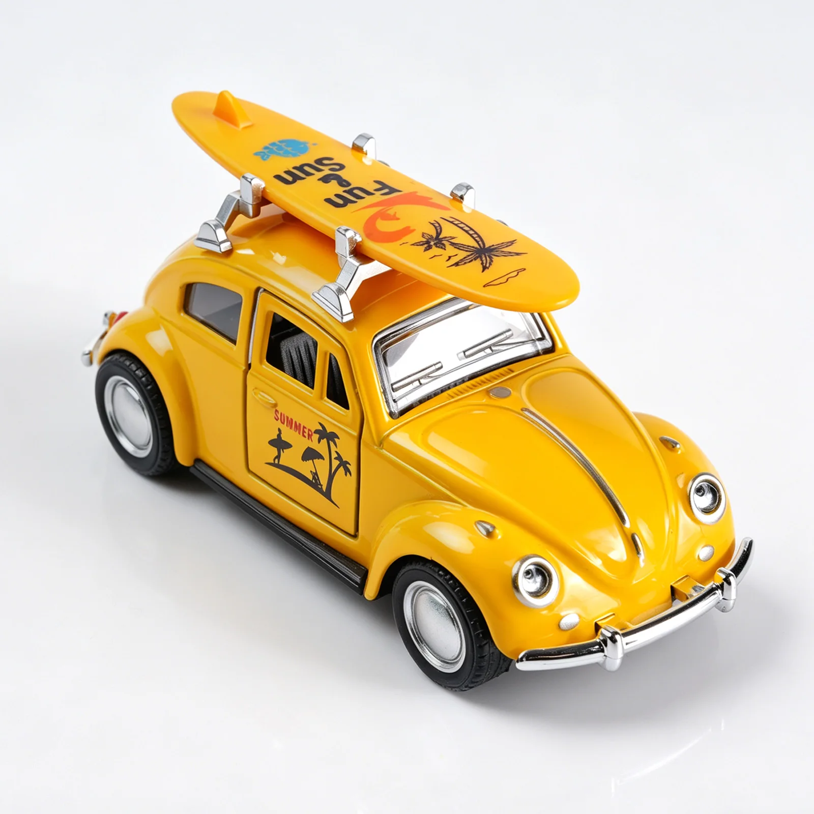

1:36 Yellow Volkswagen Beetle Diecast Car with Surfboard, Alloy Pull-Back Model with Open Doors, Retro Summer Beach Toy for Kids