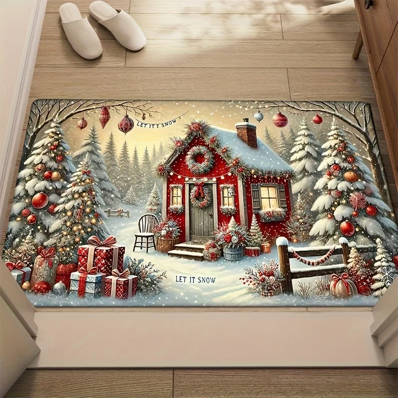 Newest Doormat Christmas Snow Cabin Xmas Tree Gift Print Flannel Doormat Non Slip Holiday Front Door Mat