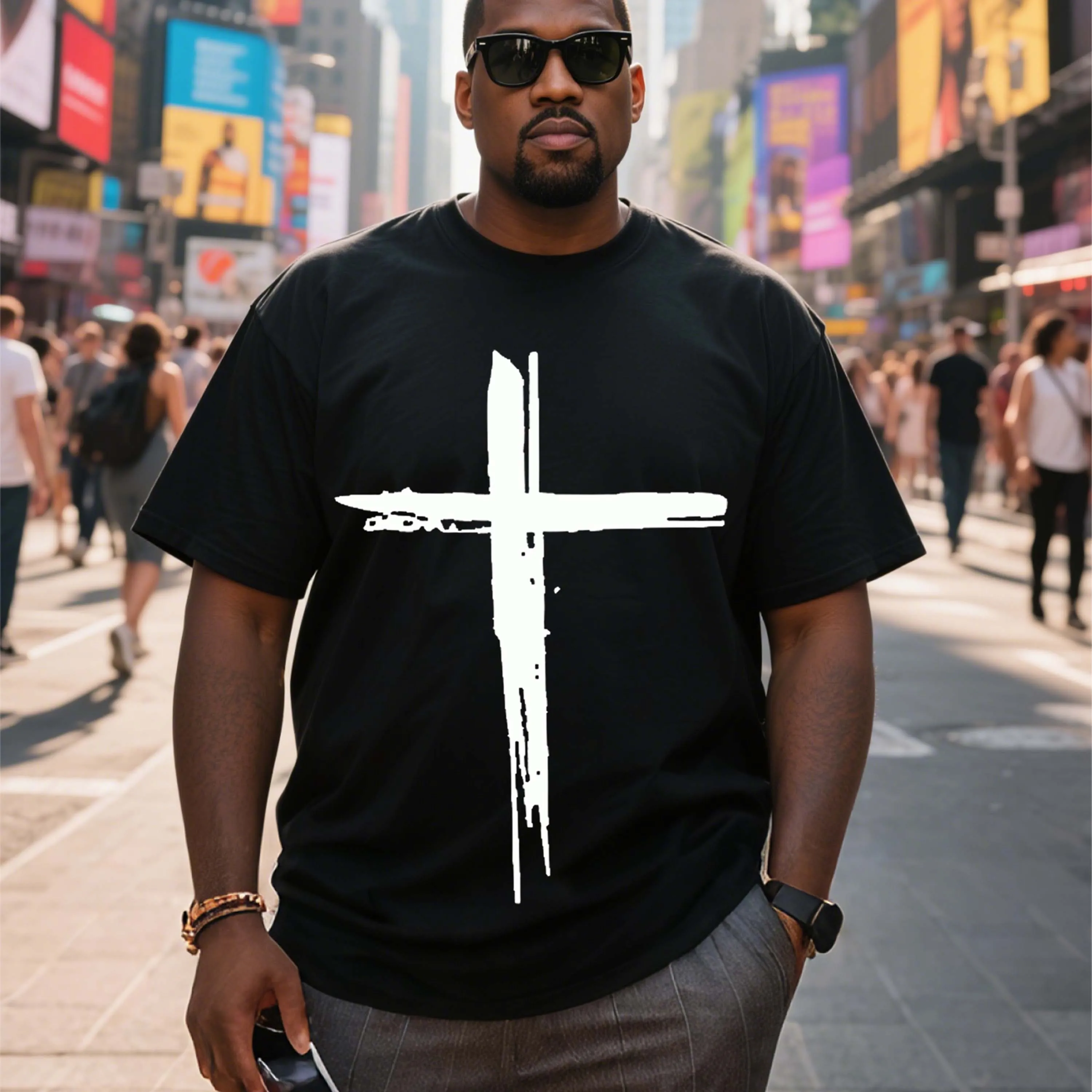 

Черная футболка больших размеров с коротким рукавом и белым крестообразным узором для уличной моды, подходящая для летней одежды для отдыха на открытом воздухе