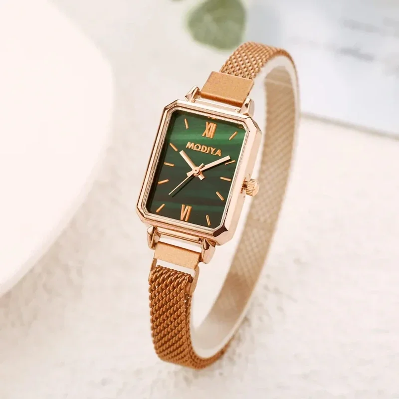 Women Watches Fashion Square Ladies Quartz Watch Magnetic Strap Green Dial Simple Rose Gold Mesh Luxury Women Watches Relojes 시계