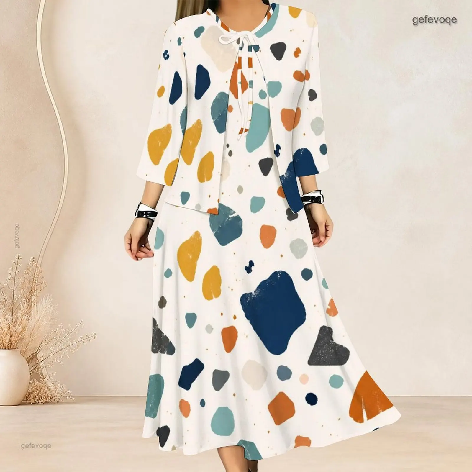 Women Abstract Irregular Pebble Printed 2 Piece Dress Set, 3/4 Sleeve Tie Neck Cardigan and Sleeveless Long Dress