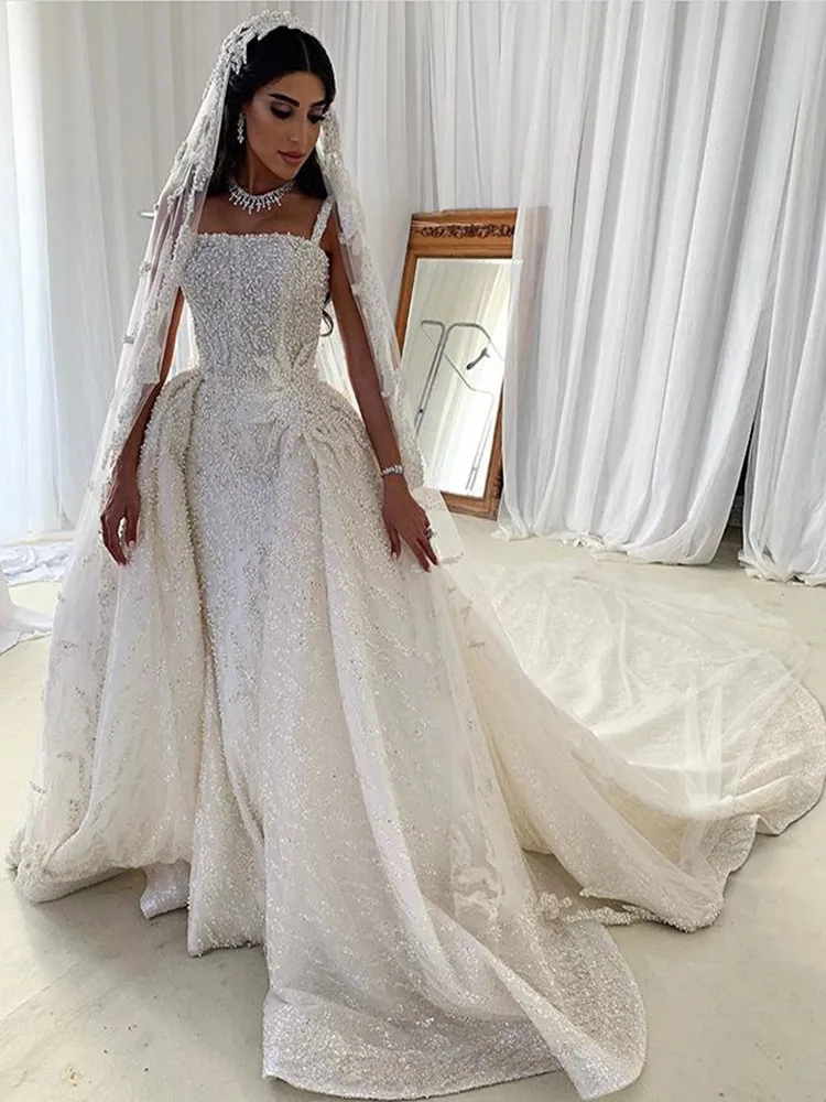 Personalizado cinta de espaguete brilhante completo lantejoulas contas vestido de casamento para noiva vestidos de novia trem destacável vestido de noiva