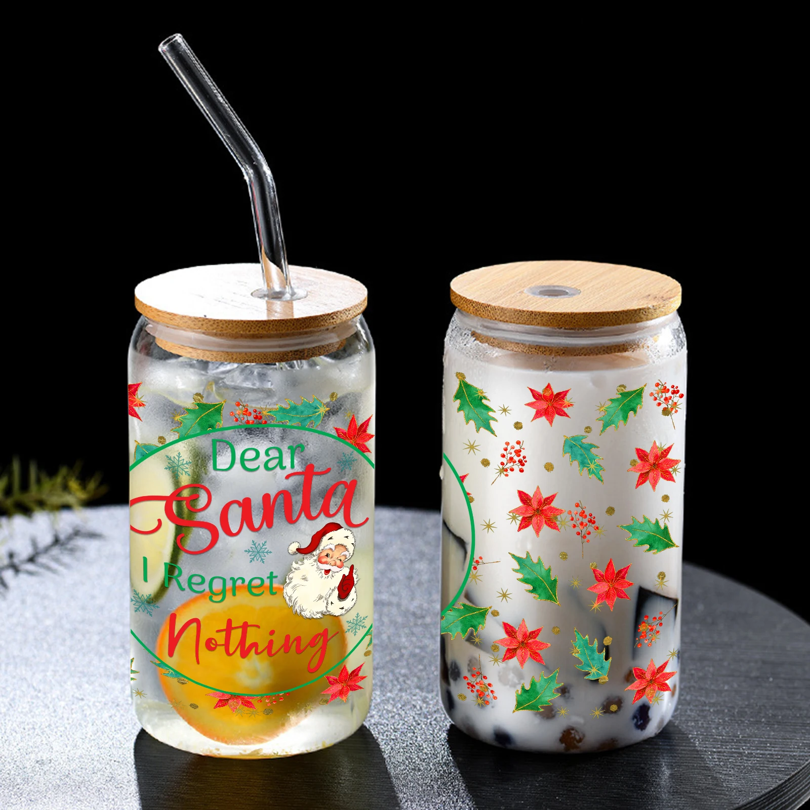 Christmas Elements Printed 16oz Sublimation Glass Cup With Bamboo Lid&Glass Straw Simple Drinking Glass Coffee Cup For Gifts 1pc