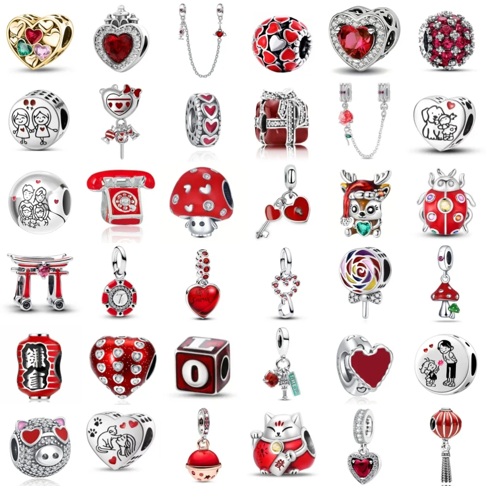 

New Red Series DIY Jewelry Lipstick Pendant Love Heart Beads Dumbbell Rose Charms Fit Original Decoration Bracelets Accessories