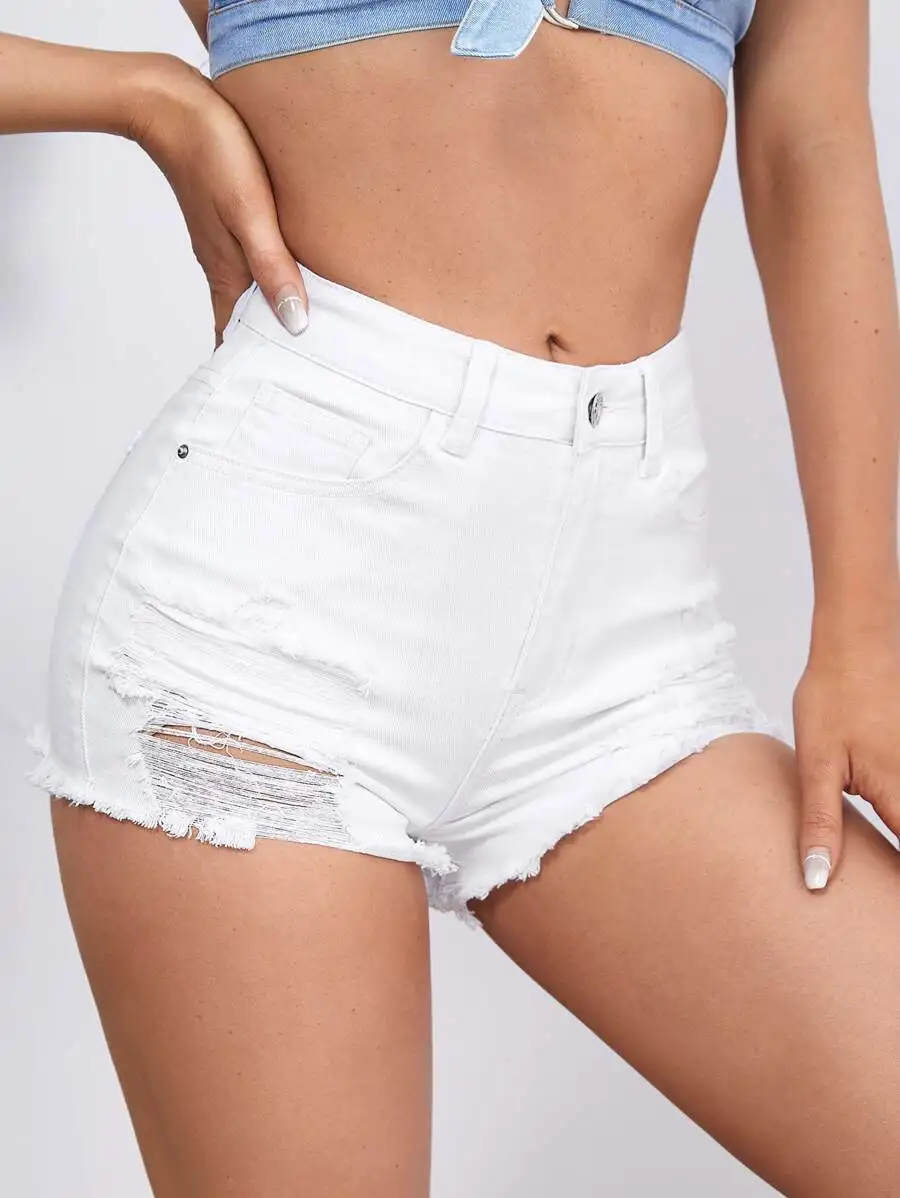 Ripped Raw Hem Straight Leg Denim Shorts For Women
