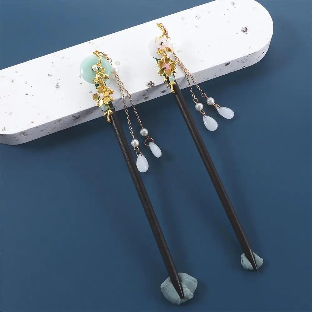 

Classic Simple Ladies Hanfu Tassel Chinese Style Flower Hairpins Hair Accessories Wooden Hair Fork Hair Sticks