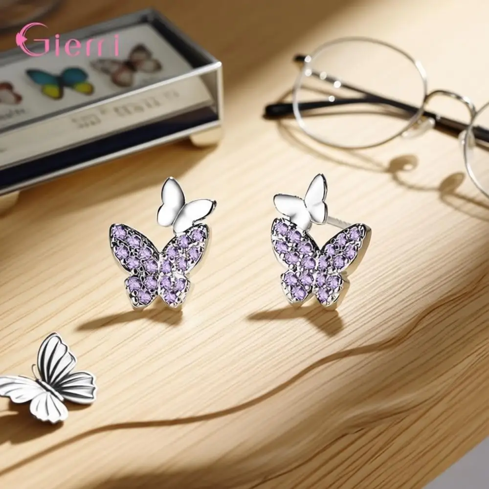 Elegant 925 Sterling Silver Butterfly Crystal Zircon Stud Earrings For Women Girls Wedding Party Fashion Jewelry Gifts Accessory