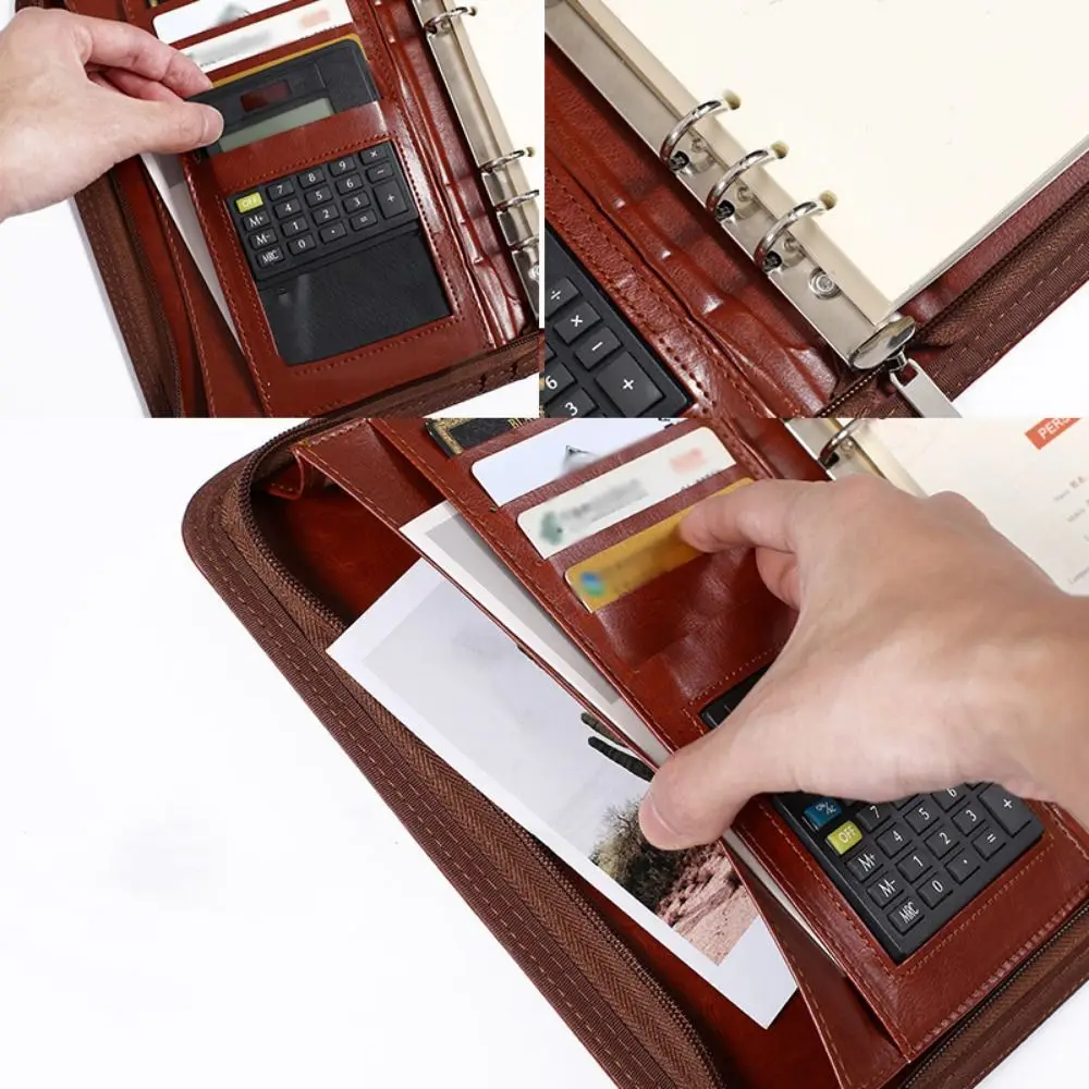 Portable File Folder 6-Ring Card Holder Work Record Book PU Leather Zippered Closure Business Notebook Business Meeting