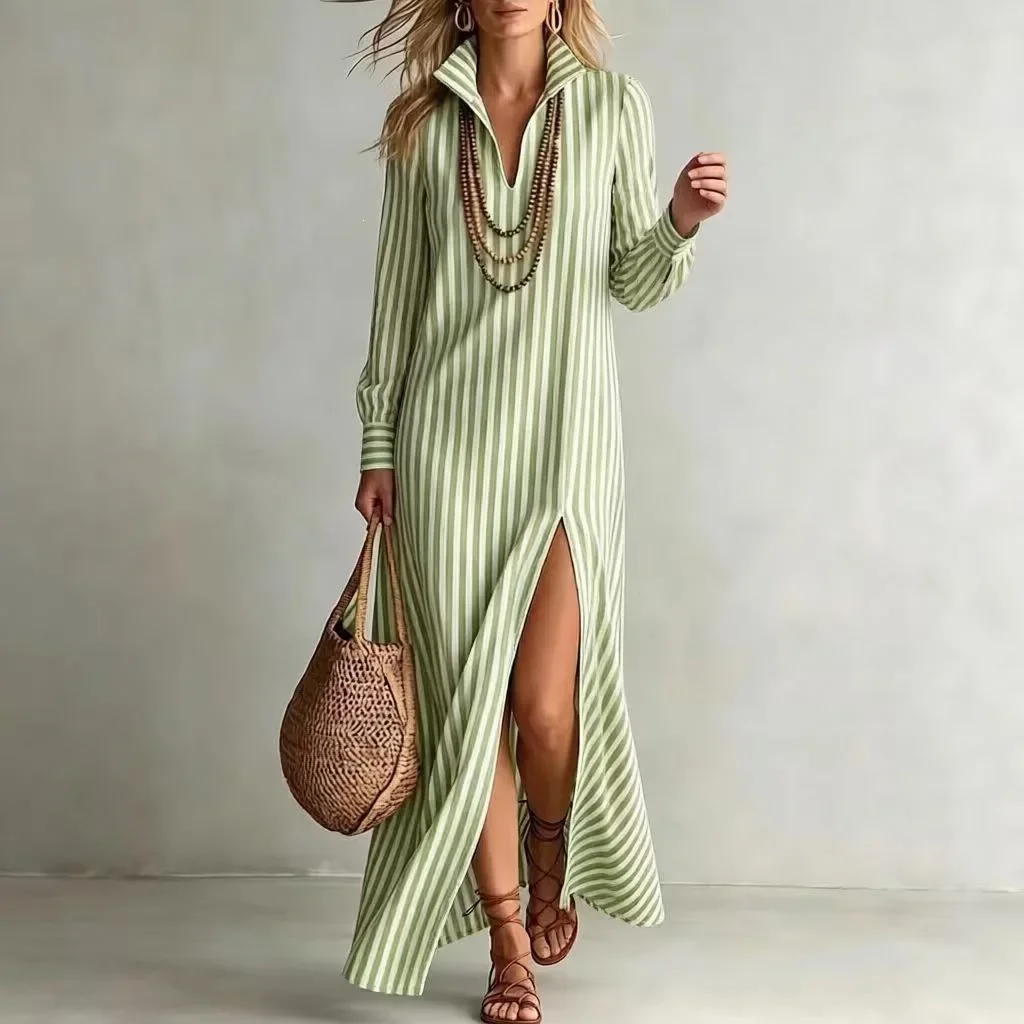 Autumn Woman Dress Straight V Neck long sleeves Dresses Light Striped Boho Striped Print Loose Slit Maxi Dress Dresses