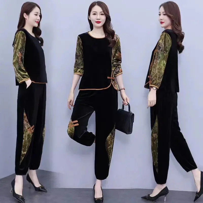 Mom's Loose Casual Set 2024 New Grandma Spring Autumn Middle aged and Elderly Women's Fashion Western Gold Velvet Two piece Set