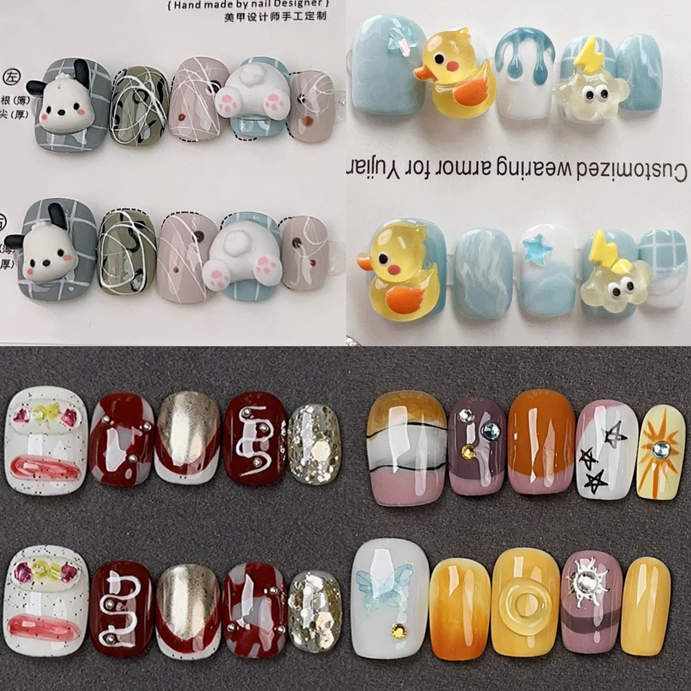 

10Pcs Kawaii Cute Pochacco Handwork Full Cover Detachable False Nails 3D Cartoon Yellow Duck Bowknot Ball Acrylic Press On Nails