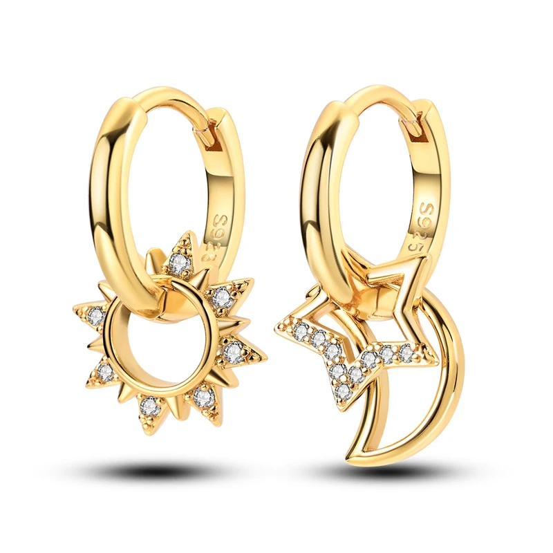 Yellow Gold Starlight Hoop Earrings For Girl Sparkling Classic Snakebone Multi-loop Earrings Star Moon 925 Silver Women Earring