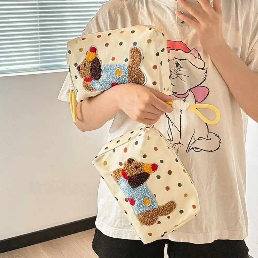 

Zipper Cartoon Puppy Cosmetic Bag Large Capacity Handheld Makeup Pouch Polka Dot Dachshund with Rope Pendant Travel Toilet Bag
