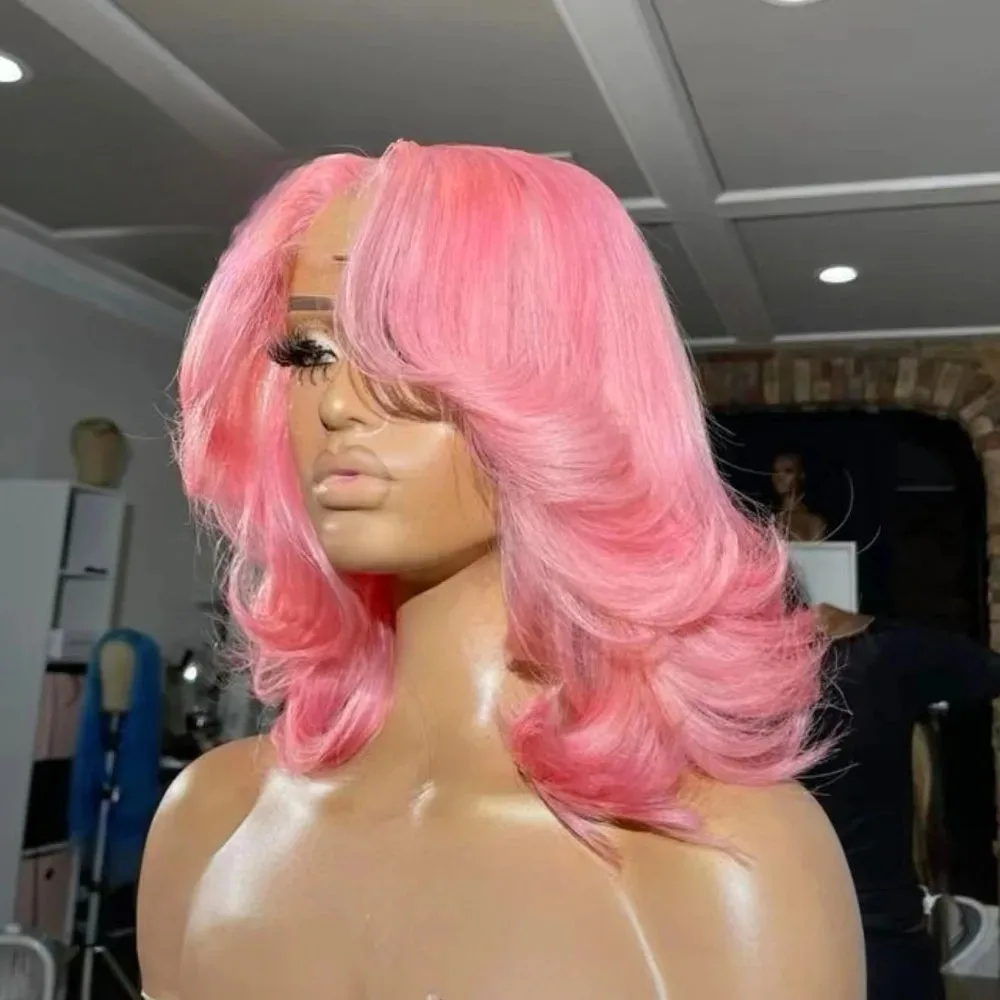 

Pink Bob Lace Front Wig Body Wave Wig Glueless Preplucked 13x4 Synthetic Lace Front Wig Women Daily Wear Cosplay Party Pueple