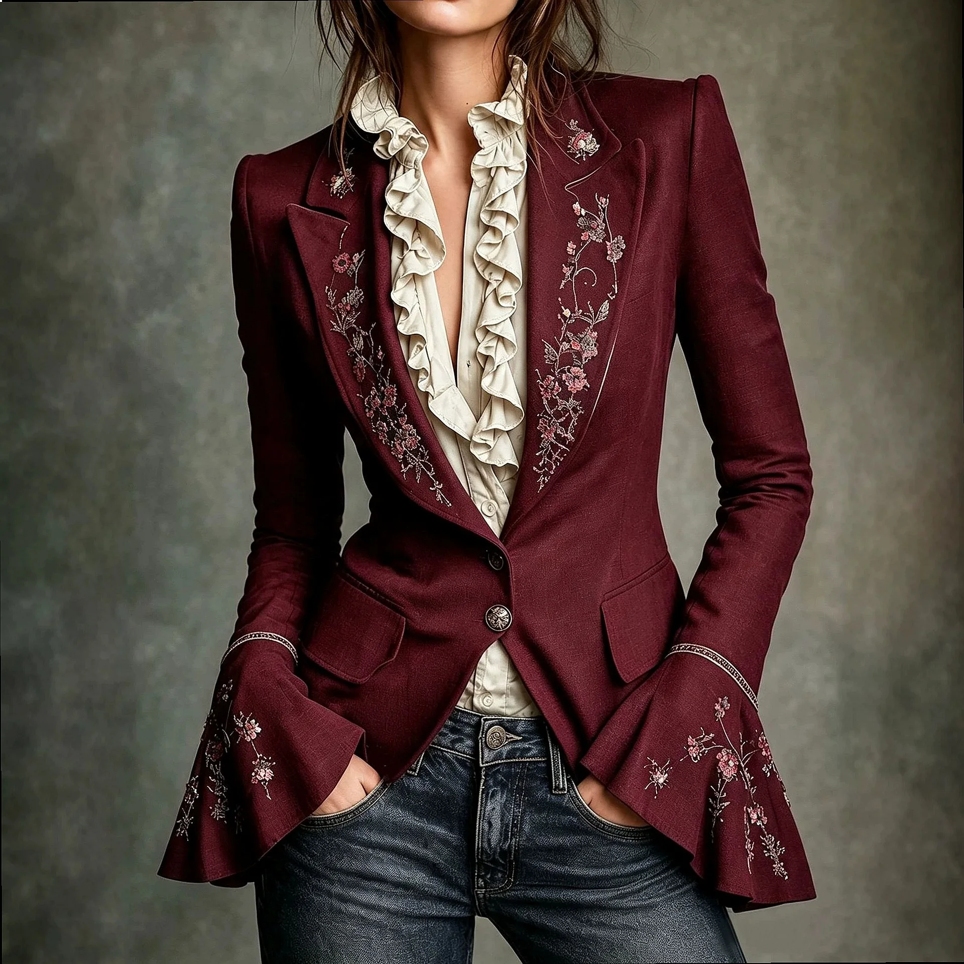 Women Blazer Coat Embroidered Vintage Fashion Outerwear Jackets