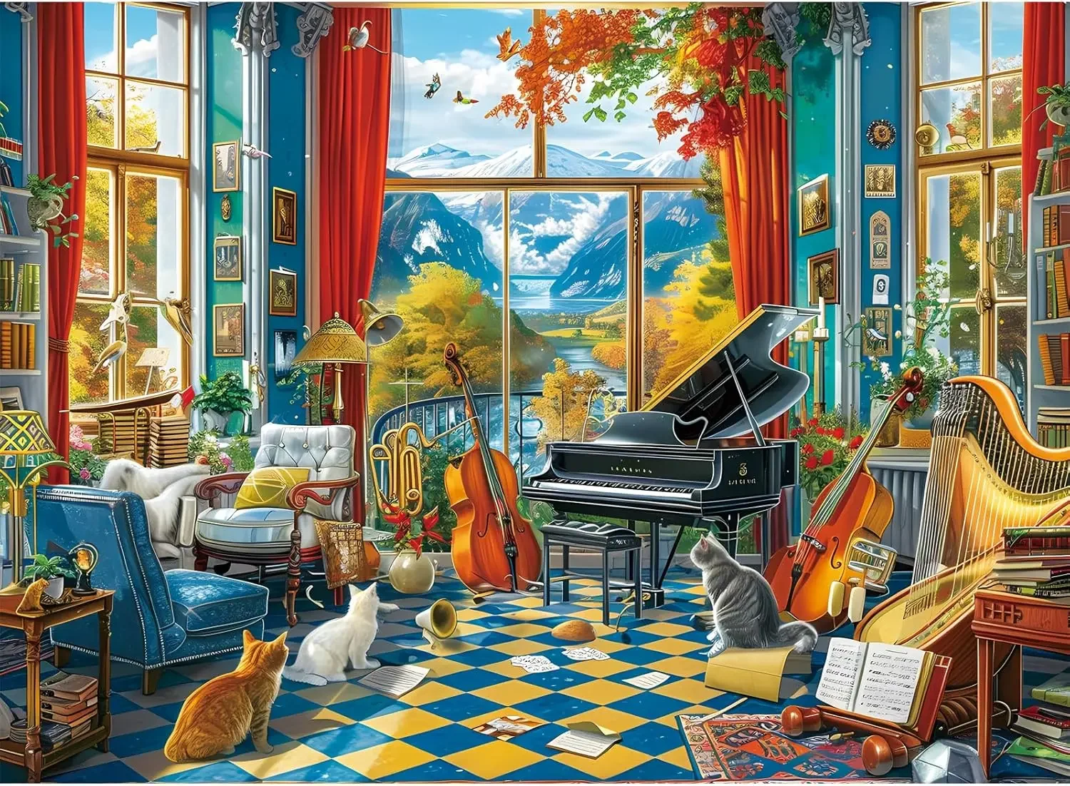 Grand Piano and Cats Room Jigsaw Puzzle 1500 1000 Pieces Music Lovers Art with Mountain View Window Relaxing Puzzle for Adults