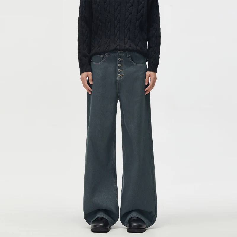 Autumn Wheat Ear Front Button Lake Green Design Original Denim StraightLeg Jeans for Men, Loose StraightLeg Trousers V56RP