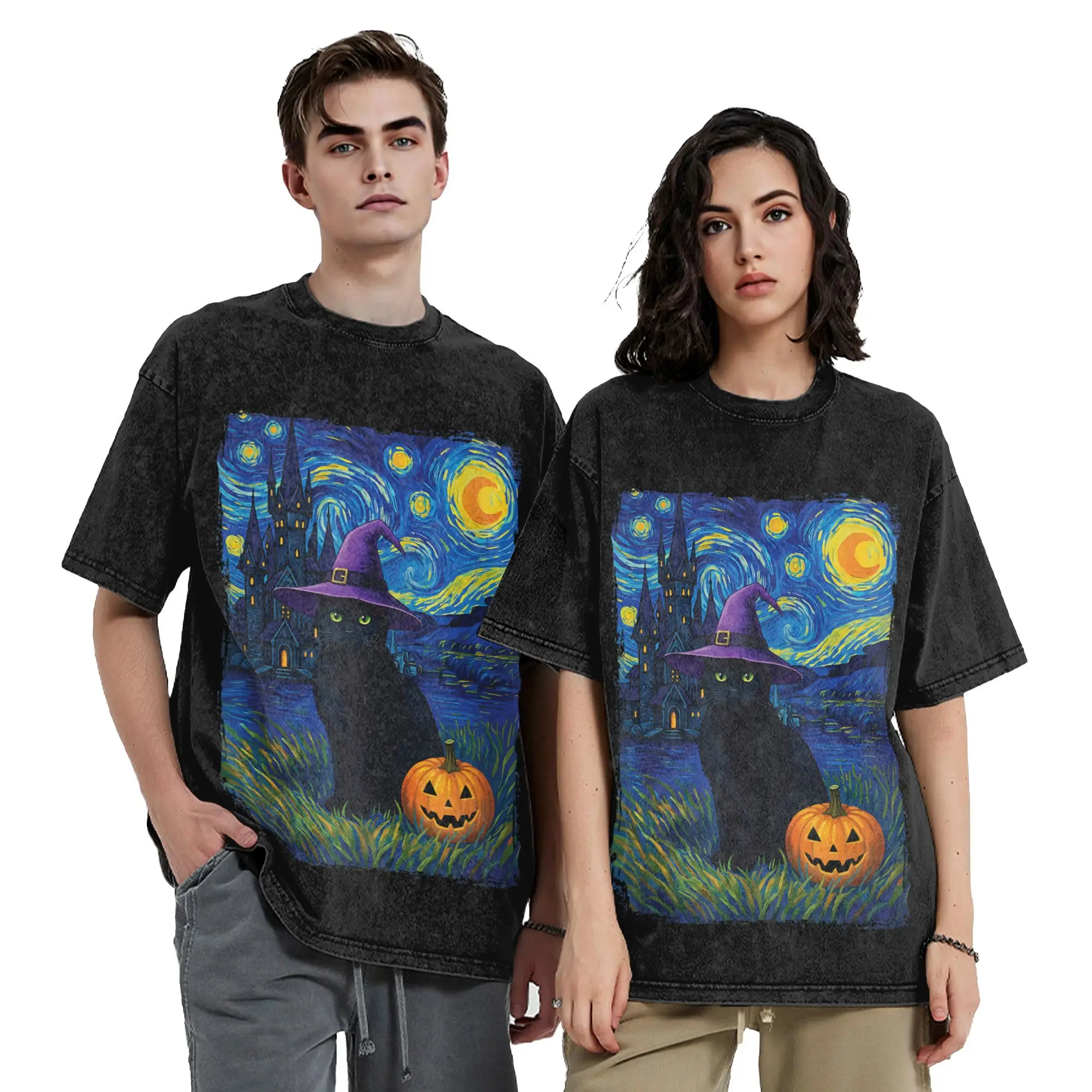 Cat Starry Night Halloween T Shirts Hip Hop Washed Harajuku T-Shirts Pumpkin Vintage Men Women Tops Streetwear Printed Tops Tees